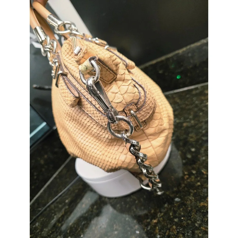 Coach Madison Sophia Satchel M Tan Python Embossed Leather Silver Chain Luxury